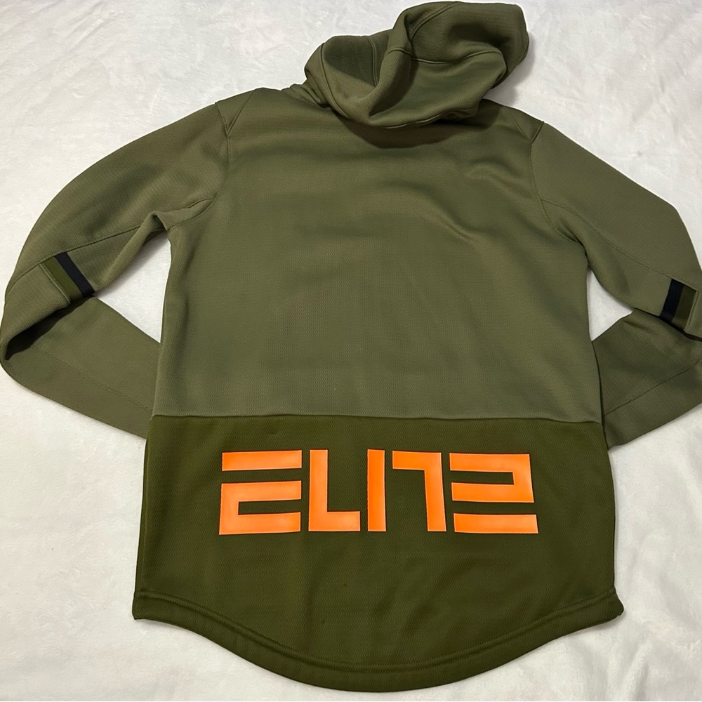 EUC Boys Nike Elite Army Green Full Zip Hoodie Jacket Orange Logo Size X-LARGE